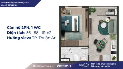Mẫu căn 2PN – layout “quốc dân” – cân bằng tốt giữa không gian chung và riêng tư. Hai phòng ngủ, hai WC, phù hợp gia đình trẻ 3–4 thành viên.