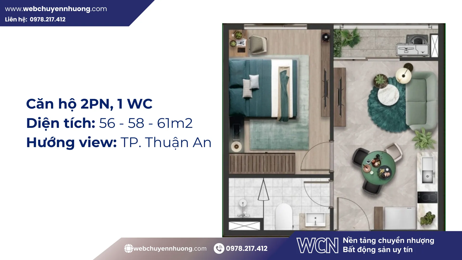 Mẫu căn 2PN – layout “quốc dân” – cân bằng tốt giữa không gian chung và riêng tư. Hai phòng ngủ, hai WC, phù hợp gia đình trẻ 3–4 thành viên.