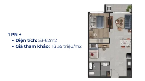 Căn hộ 1 phòng ngủ Plus tại Emerald Boulevard có diện tích khoảng 52m², mức giá từ 1.8–2.0 tỷ đồng, phù hợp cho người độc thân, cặp đôi trẻ hoặc nhu cầu ở thực lâu dài.