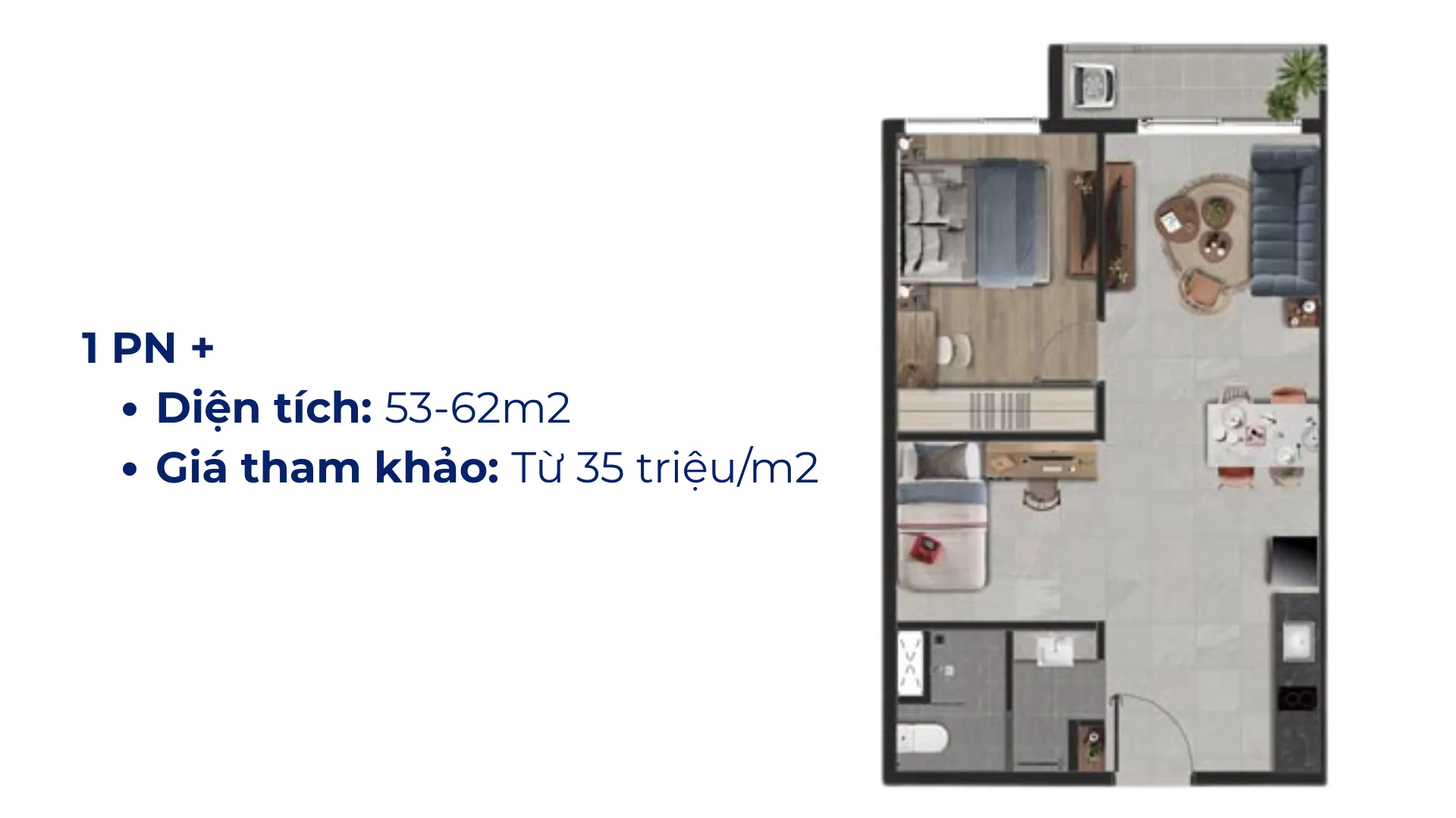 Căn hộ 1 phòng ngủ Plus tại Emerald Boulevard có diện tích khoảng 52m², mức giá từ 1.8–2.0 tỷ đồng, phù hợp cho người độc thân, cặp đôi trẻ hoặc nhu cầu ở thực lâu dài.