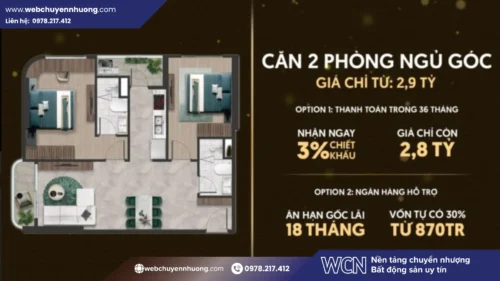 Căn 2 phòng ngủ góc The Emerald Boulevard có giá từ 2,9 tỷ đồng, phù hợp với khách hàng ưu tiên không gian thoáng, tầm nhìn rộng và giá trị sử dụng lâu dài.