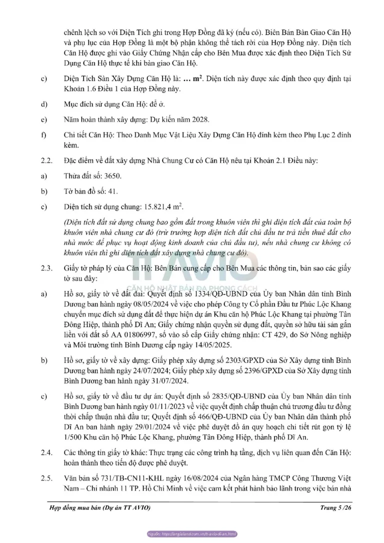 Hợp đồng mua bán căn hộ TT Avio quy định, nếu diện tích bàn giao thực tế chênh lệch trong ±1% so với hợp đồng thì không điều chỉnh giá bán.