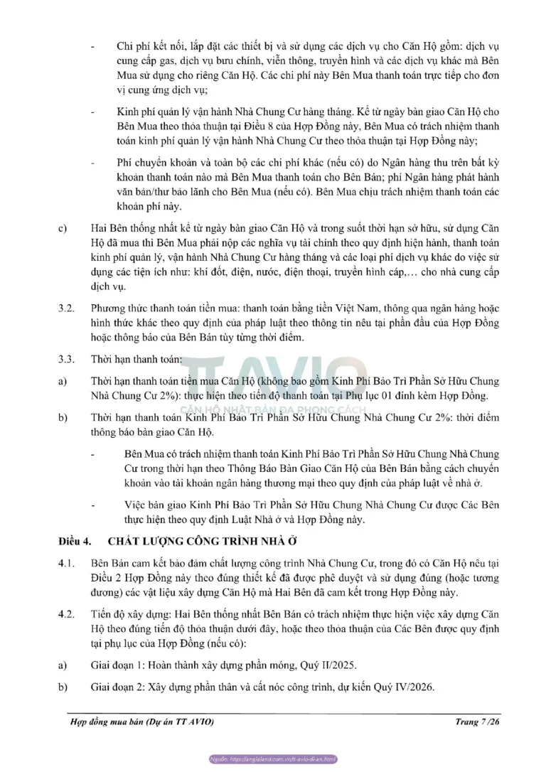 Điều 3 của hợp đồng mua bán căn hộ TT Avio quy định giá bán căn hộ cùng phương thức và thời hạn thanh toán mà Bên Mua phải thực hiện.
