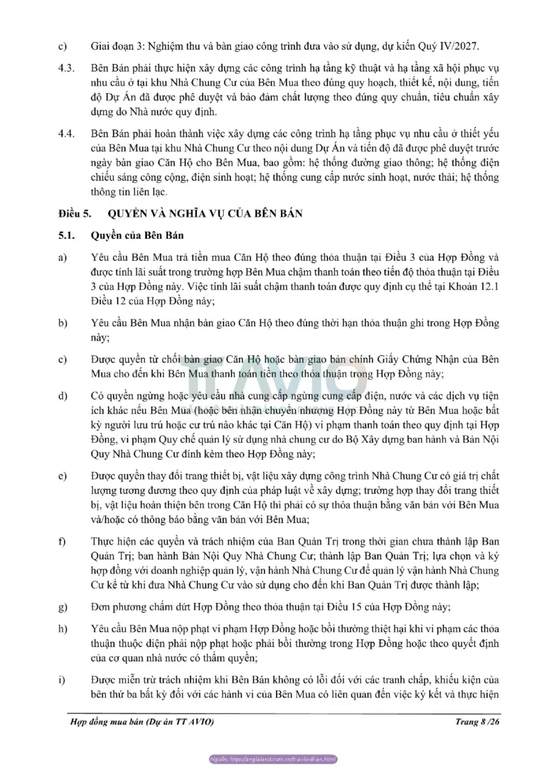 Qua các cam kết về chất lượng thi công và tiến độ cụ thể, hợp đồng mua bán căn hộ TT Avio thể hiện rõ trách nhiệm của Bên Bán trong việc triển khai dự án đúng thiết kế, đúng lộ trình và đảm bảo điều kiện bàn giao theo thỏa thuận.