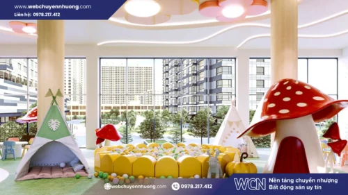 Khu vui chơi và tường leo núi giúp trẻ phát triển thể chất, đồng thời tạo không gian gắn kết gia đình tại tầng 4.